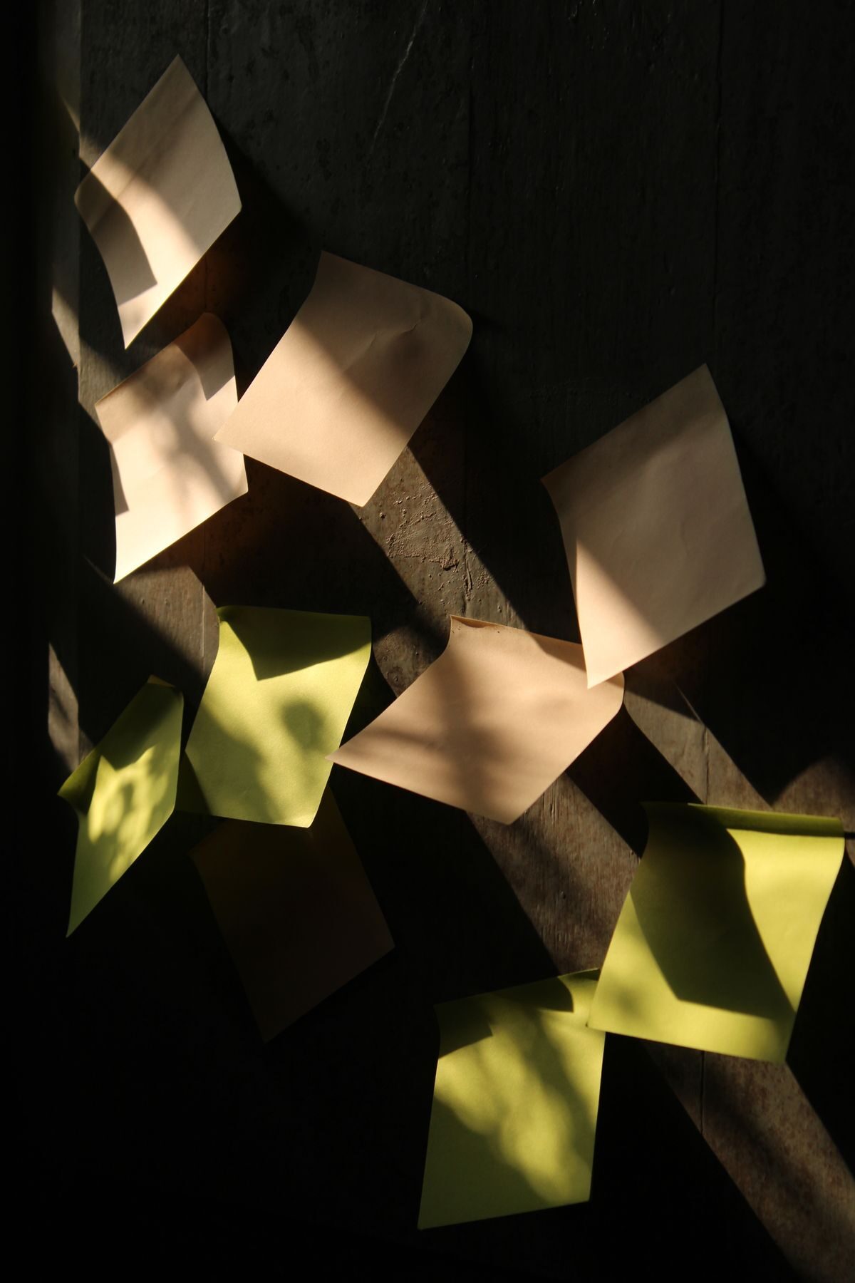 Locker verteilte Haftnotizen an einer dunklen Holzwand, halb im Schatten